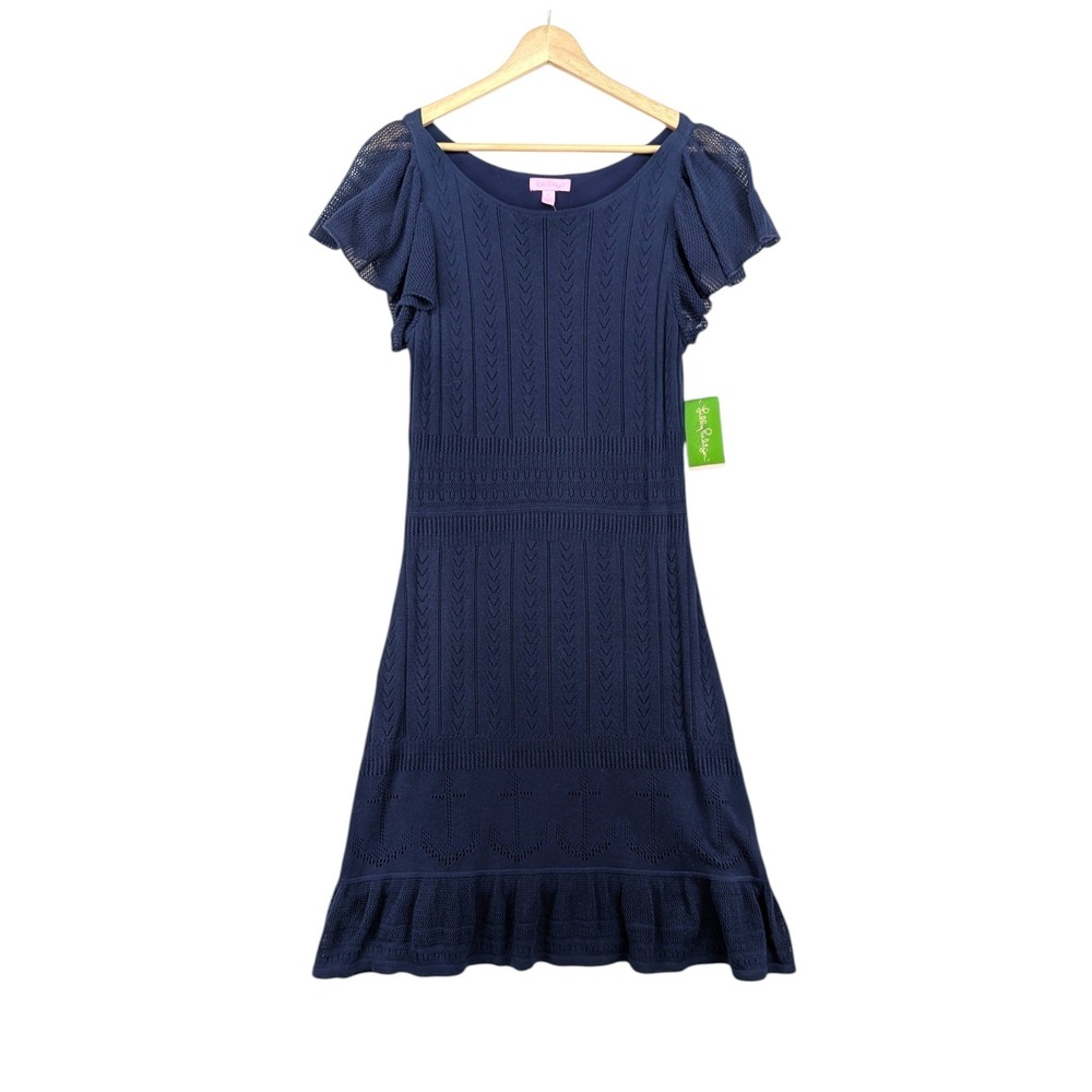 Lilly Pulitzer Harmony Sweater‎ Dress True Navy Anchor Pointelle Knit NWT L